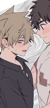 Rule 34 | 2boys, black shirt, blue oak, blush, brown eyes, brown hair, buttons, closed mouth, collared shirt, commentary request, from side, hair between eyes, highres, looking at another, looking to the side, male focus, multiple boys, nervous sweating, nintendo, open mouth, parted bangs, pk rgr96, pokemon, pokemon sm, print shirt, red (pokemon), shirt, short sleeves, smile, sweat, t-shirt, upper body, yaoi