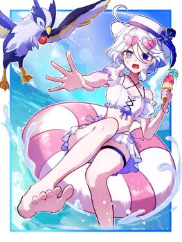 1girl ama_some_(kr0ri) barefoot bikini blue_eyes blue_hair detached_sleeves frilled_bikini frills furina_(genshin_impact) genshin_impact gradient-tinted_eyewear hat heart heart-shaped_eyewear heterochromia highres holding holding_ice_cream_cone ice_cream_cone short_hair swim_ring swimsuit thigh_strap tinted_eyewear water white_hair