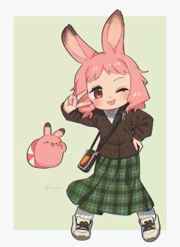 Rule 34 | 1girl, ;p, absurdres, animal ears, blush stickers, border, borrowed character, brown cardigan, buttons, cardigan, closed mouth, collared shirt, commentary, english commentary, full body, green background, green skirt, hand up, highres, long skirt, long sleeves, looking at viewer, one eye closed, original, outside border, pink hair, plaid clothes, plaid skirt, porforever, rabbit ears, rabbit girl, red eyes, ribbed socks, shirt, shoes, short hair, signature, simple background, skirt, smile, sneakers, socks, solo, standing, tongue, tongue out, v, white border, white shirt, white shoes, white socks