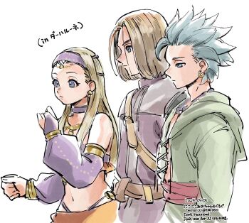1girl 2boys alternate_costume armlet bare_shoulders belt blonde_hair blue_eyes bridal_gauntlets brown_hair camus_(dq11) choker circlet clenched_hand closed_mouth dancer dancer&#039;s_costume_(dq) dated dragon_quest dragon_quest_xi earrings grey_hair hand_up headband hero_(dq11) highres jewelry long_hair multiple_boys navel profile purple_bridal_gauntlets purple_headband red_sash sash senya_(dq11) short_hair simple_background sketch spiked_hair tmr0621 tunic twitter_username upper_body watermark white_background