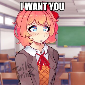Rule 34 | 1girl, artist name, blue eyes, blush, bow, classroom, doki doki literature club, english text, hair bow, heart, heart-shaped pupils, orange hair, red bow, sayori (doki doki literature club), school uniform, second-party source, signature, symbol-shaped pupils, twila brinkk