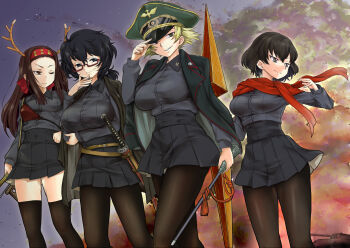 Rule 34 | 4girls, absurdres, adjusting clothes, adjusting headwear, alternate costume, antlers, black eyes, black hair, black jacket, black pantyhose, black skirt, black thighhighs, blonde hair, brown eyes, brown hair, caesar (girls und panzer), closed mouth, cloud, cloudy sky, commentary request, commission, dress shirt, erwin (girls und panzer), fake antlers, frown, girls und panzer, goggles, goggles on headwear, green hat, grey shirt, hair tie, half-closed eyes, hand on own arm, hand on own hip, haori, hat, headband, highres, holding, holding sword, holding weapon, horns, insignia, jacket, jacket on shoulders, japanese clothes, kuromorimine military uniform, kuromorimine school uniform, long hair, long sleeves, looking at viewer, looking to the side, medium hair, messy hair, military hat, miniskirt, multiple girls, muneate, nabeyu, night, one eye closed, oryou (girls und panzer), outdoors, pantyhose, partial commentary, peaked cap, pixiv commission, pleated skirt, pointy hair, ponytail, red-framed eyewear, red headband, red scarf, reindeer antlers, saemonza (girls und panzer), sanada clan (emblem), scarf, school uniform, semi-rimless eyewear, sheath, shirt, short hair, short ponytail, skirt, sky, smirk, standing, star (sky), starry sky, straight hair, sword, thighhighs, under-rim eyewear, unsheathed, walking, weapon, wing collar
