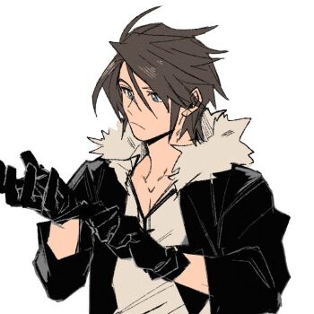 1boy adjusting_clothes adjusting_gloves black_gloves black_jacket blue_eyes brown_hair final_fantasy final_fantasy_viii fur-trimmed_jacket fur_trim garbage_paper gloves grey_fur grey_shirt jacket looking_down male_focus scar scar_on_face shirt short_hair simple_background solo squall_leonhart upper_body v-neck white_background