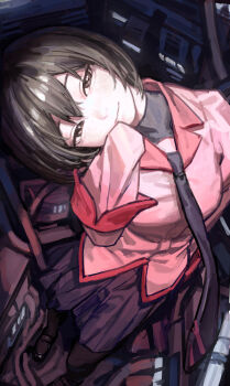 1girl absurdres arm_at_side black_eyes black_hair black_necktie black_pantyhose bob_cut closed_mouth commentary foot_out_of_frame foreshortening from_above hand_to_own_mouth hand_up head_tilt highres light_smile loafers long_sleeves looking_at_viewer machine monogatari_(series) naoetsu_high_school_uniform necktie oshino_ougi pale_skin pantyhose pink_shirt pleated_skirt purple_skirt school_uniform shirt shoes short_hair skirt sleeve_cuffs sleeves_past_fingers sleeves_past_wrists solipsist solo squinting standing tube undershirt