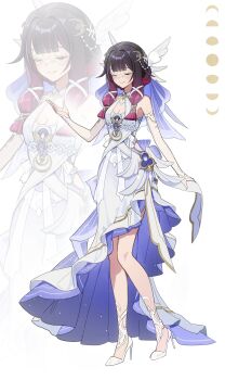 1girl absurdres adapted_costume alternate_hair_length alternate_hairstyle bare_shoulders black_hair blue_dress breasts cleavage closed_eyes closed_mouth columbina_(genshin_impact) commentary_request dress eye_mask full_body genshin_impact hair_ornament hand_up high_heels highres korean_commentary long_sidelocks mask moon_phases multicolored_hair purple_hair rimga1616 shoes sidelocks smile standing two-tone_dress white_background white_dress white_shoes wing_hair_ornament zoom_layer
