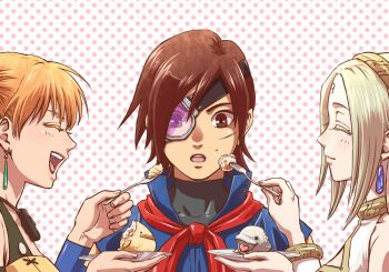 1boy 2girls aika_(eternal_arcadia) bad_id bad_pixiv_id blonde_hair brown_eyes brown_hair cake closed_eyes cupil earrings eternal_arcadia feeding fina_(eternal_arcadia) food fork hairband hamachou jewelry kyotuka multiple_girls orange_hair plate scar sega vyse