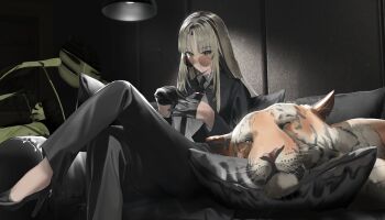 1girl absurdres alternate_costume black_gloves black_hair black_jacket black_necktie black_pants black_shoes black_suit blonde_hair blunt_ends braid collared_shirt commentary couch crossed_legs foot_out_of_frame formal_clothes gloves green_eyes hashtag-only_commentary high_heels highres hololive hololive_dev_is indoors jacket koganei_niko looking_at_viewer looking_over_eyewear multicolored_hair necktie on_couch open_clothes open_jacket pants parted_hair parted_lips plant potted_plant raphael_(rglvvv) removing_glove round_eyewear shirt shoes side_braid sitting sleeping solo straight_hair streaked_hair suit suit_jacket sunglasses tiger virtual_youtuber white_shirt