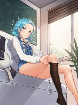 1girl adjusting_clothes adjusting_legwear aliceblue aqua_hair black_thighhighs blue_eyes blue_hair blue_necktie blush chalkboard collared_shirt day equation feet_out_of_frame female_focus highres honkai_(series) honkai_impact_3rd indoors jacket jewelry lieserl_albert_einstein light_particles long_sleeves looking_at_viewer lounge necklace necktie open_mouth panties plant potted_plant shirt short_hair sitting solo sunlight sweater_vest thighhighs thighs underwear unworn_jacket unworn_jewelry wavy_hair white_panties white_shirt window window_blinds