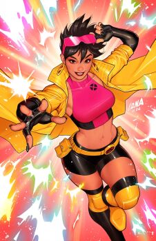 1girl belt black_gloves black_hair black_nails black_shorts breasts brown_eyes crop_top david_nakayama earrings elbow_gloves eyewear_on_head fingerless_gloves gloves highres jacket jewelry jubilee looking_at_viewer marvel medium_breasts midriff navel official_art open_clothes open_jacket pink-tinted_eyewear pink_shirt shirt short_hair short_shorts shorts sleeveless sleeveless_shirt solo tinted_eyewear x-men yellow_belt yellow_jacket