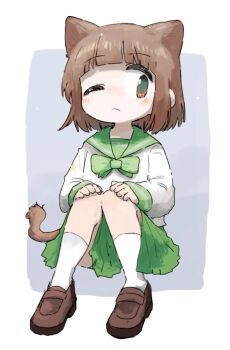 Rule 34 | 1girl, :<, animal ears, arched bangs, blue background, border, bow, bowtie, brown eyes, brown hair, brown shoes, cat ears, cat girl, cat tail, closed mouth, collar, commentary request, frown, gradient background, green bow, green bowtie, green collar, green skirt, green trim, grey background, hands on own knees, highres, knees up, long sleeves, looking at viewer, medium hair, naka (buttergirl 02), one eye closed, original, partial commentary, pleated skirt, puffy long sleeves, puffy sleeves, sailor collar, school uniform, serafuku, shirt, shoes, simple background, sitting, skirt, sleeves past wrists, socks, solo, tail, white border, white shirt, white socks