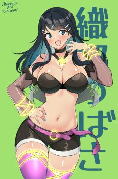 1girl :d absurdres aqua_eyes aqua_hair aqua_nails artist_name bandeau bare_shoulders belt black_bandeau black_choker black_shorts blush breasts choker cleavage collarbone colored_inner_hair commentary cowboy_shot cropped_vest detached_sleeves english_commentary fire_emblem gluteal_fold green_background hair_ornament hairclip hand_on_own_hip hand_up highres jarckius large_breasts long_hair looking_at_viewer multicolored_hair navel nintendo open_clothes open_mouth open_vest oribe_tsubasa paid_reward_available purple_belt purple_thighhighs see-through_clothes see-through_sleeves see-through_vest short_shorts shorts smile solo standing star_(symbol) stomach swept_bangs thigh_gap thighhighs tokyo_mirage_sessions_fe vest