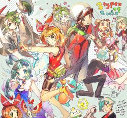 altaria alternate_color angry backpack bag beldum black_hair brendan_(pokemon) commentary_request creature diancie dual_persona english_text fanny_pack gallade gen_3_pokemon gen_4_pokemon gen_5_pokemon gen_6_pokemon green_eyes green_hair hair_ribbon holding holding_microphone holding_poke_ball holding_pokemon legendary_pokemon lisia_(pokemon) long_hair marshtomp masquerain may_(pokemon) medium_hair mega_diancie mega_gallade mega_pokemon microphone multiple_views music musical_note mythical_pokemon namie-kun nintendo one_eye_closed poke_ball poke_ball_(basic) pokemon pokemon_(creature) pokemon_oras polka_dot polka_dot_background ralts ribbon roxanne_(pokemon) shiny_pokemon shroomish simple_background singing smile sparkle steven_stone sweat sweatdrop tepig twintails wally_(pokemon) white_background white_headwear