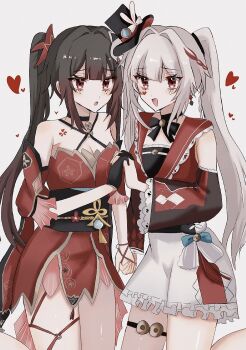 2girls bow braid breasts brown_hair butterfly-shaped_pupils choker cleavage clothing_cutout commentary_request detached_sleeves dress earrings facial_mark fox_mask gloves gradient_hair hat hat_ornament heart highres holding_hands honkai:_star_rail honkai_(series) japanese_clothes jewelry mask multicolored_hair multiple_girls nemuii15_oo obi rabbit_hat_ornament red_eyes ribbon sash shoulder_cutout side_braid single_earring single_glove sparkle_(honkai:_star_rail) sparxie_(honkai:_star_rail) streaked_hair symbol-shaped_pupils tattoo thigh_strap twintails white_hair