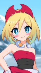 1girl animated bare_shoulders blinking blonde_hair blue_eyes blush bracelet breasts closed_eyes closed_mouth collarbone hair_between_eyes hairband highres irida_(pokemon) jewelry kakk_e looking_at_viewer neck_ring nintendo open_mouth outdoors pokemon pokemon_legends:_arceus red_hairband red_shirt sash shirt short_hair smile solo strapless strapless_shirt upper_body video