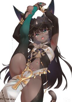 1girl absurdres ancient_egyptian_clothes animal_ears ankh armpits bodystocking breasts brown_hair cat_ears cat_girl cat_tail dancer dark-skinned_female dark_skin eyebrows_hidden_by_hair flexible green_eyes highres hinanawi_mika jewelry loli long_hair looking_at_viewer nail_polish navel_piercing necklace open_mouth original piercing see-through_clothes see-through_veil simple_background slit_pupils small_breasts smile soles solo split standing standing_on_one_leg standing_split tail toes tongue tongue_out veil very_long_hair white_background