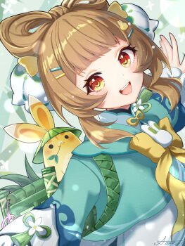 1girl aomo blush bow-shaped_hair brown_hair china_dress chinese_clothes commentary_request dress flower genshin_impact green_shirt hair_flower hair_ornament highres long_hair long_sleeves looking_at_viewer open_mouth orange_eyes outstretched_arms rabbit_hair_ornament shirt smile yaoyao_(genshin_impact) yaoyao_(rainlit_bamboo_reverie)_(genshin_impact) yuegui_(genshin_impact)