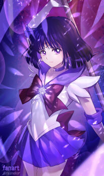 1girl artist_name bishoujo_senshi_sailor_moon blue_skirt bow breasts choker cowboy_shot earrings gloves highres jewelry looking_at_viewer neck_ribbon pleated_skirt polearm purple_eyes purple_hair purple_ribbon purple_skirt rasneko ribbon sailor_collar sailor_saturn school_uniform serafuku short_hair silence_glaive skirt small_breasts star_(symbol) star_choker tiara tomoe_hotaru twitter_username weapon white_gloves