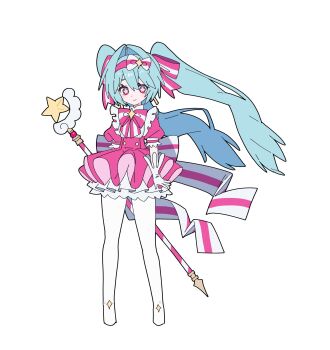 Rule 34 | 1girl, aqua hair, back ribbon, bow, bow hairband, bowtie, brooch, closed mouth, commentary, dress, frilled dress, frills, full body, gloves, hair intakes, hair ribbon, hairband, hatsune miku, highres, ima sugu rinne (vocaloid), jewelry, long hair, mage staff, magical girl, pink bow, pink bowtie, pink dress, pink eyes, pink hairband, pink ribbon, puffy short sleeves, puffy sleeves, ribbon, short sleeves, simple background, smile, solo, sparkle, sparkle hair ornament, staff, standing, star-shaped pupils, star (symbol), star wand, symbol-shaped pupils, twintails, two-tone bow, two-tone bowtie, two-tone ribbon, untranslatable commentary, very long hair, vocaloid, white background, white bow, white bowtie, white gloves, white ribbon, yagidon
