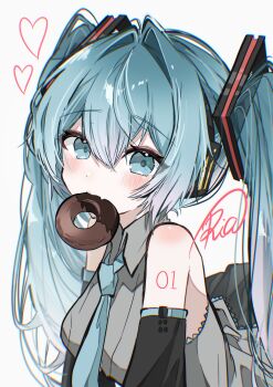 1girl absurdres aqua_eyes aqua_hair aqua_necktie bare_shoulders commentary detached_sleeves donut food grey_shirt hair_between_eyes hatsune_miku headset heart highres long_hair looking_at_viewer mouth_hold necktie number_tattoo ria_art shirt signature simple_background sleeveless sleeveless_shirt solo tattoo twintails vocaloid white_background