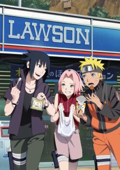 1girl 2boys absurdres bag blonde_hair blue_eyes bracelet cleaned contemporary forehead_protector green_eyes haruno_sakura highres jewelry lawson multiple_boys naruto:_road_to_ninja naruto_(classic) naruto_(series) naruto_shippuuden necklace official_art pink_hair plastic_bag ring short_hair uchiha_sasuke uzumaki_naruto