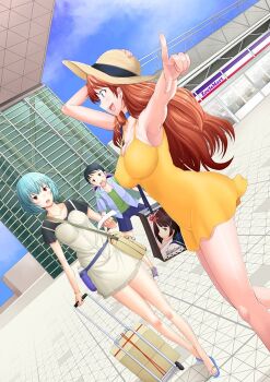 1girl alternate_breast_size alternate_universe ayanami_rei bag bare_legs bare_shoulders blue_eyes blue_hair blue_sky breasts brown_hair city dress hat holding holding_bag ikari_shinji large_breasts lips long_hair looking_at_another neon_genesis_evangelion red_eyes sakai_hamachi shiny_skin short_sleeves skirt sky smile souryuu_asuka_langley straw_hat sun_hat sundress two_side_up underwear very_long_hair wide_hips yellow_dress