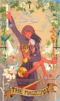 1girl arm_up black_dress black_hair blunt_bangs closed_eyes closed_mouth collared_shirt commentary_request cowboy_shot cup dress extra_arms floating_hair flower hana_hana_no_mi highres holding holding_cup holding_scepter holding_sword holding_weapon long_hair long_sleeves nico_robin one_piece roman_numeral scepter shirt siyangou49 smile sword tarot the_magician_(tarot) weapon