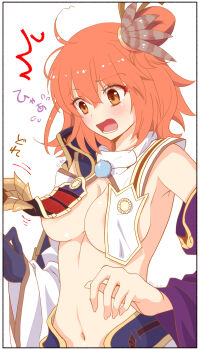 1girl armor armpits blush breast_curtains breasts commentary_request cosplay fate/grand_order fate_(series) fujimaru_ritsuka_(female) gilgamesh gilgamesh_(caster)_(fate) gilgamesh_(fate) ha_nyat hair_between_eyes hair_bun highres japanese_armor large_breasts midriff navel open_mouth orange_hair short_hair shoulder_armor single_side_bun sode solo ushiwakamaru_(fate) ushiwakamaru_(fate)_(cosplay) ushiwakamaru_(second_ascension)_(fate)