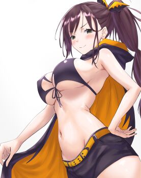 1girl bikini bikini_top_only black_bikini black_shorts breasts brown_hair commentary_request extra_pupils front-tie_bikini_top front-tie_top green_eyes hand_on_own_hip highres irasuto1234567 large_breasts long_hair looking_at_viewer ponytail re:zero_kara_hajimeru_isekai_seikatsu shaula_(re:zero) shorts simple_background smile solo swimsuit white_background