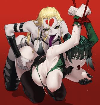 1futa 1girl ahegao bdsm black_sclera blonde_hair bondage bound bound_wrists colored_sclera dominatrix dress femdom fubuki_(one-punch_man) futanari gloves green_dress green_eyes grey_hair heart kaijin_hime_do-s kuro long_hair long_tongue mind_break monster_girl multiple_girls nipple_stimulation nipples one-punch_man sex sex_from_behind sharp_teeth teeth thighhighs tongue tongue_out torn_clothes yellow_eyes