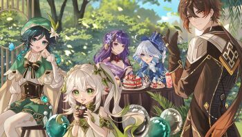 2boys 3girls absurdres balloon bare_shoulders blue_butterfly blue_eyes blue_hair blue_hat blue_jacket blue_sky blue_suit blunt_bangs blurry blurry_background braid breasts bridal_gauntlets brown_coat brown_eyes brown_gloves brown_hair brown_pants bug butterfly cake capelet cleavage closed_mouth cloud cloudy_sky coat cup depth_of_field detached_sleeves dress drinking drinking_straw earrings falling_leaves fan_hair_ornament flower_ornament food formal_clothes friends frilled_sleeves frills furina_(genshin_impact) genshin_impact gloves gradient_hair green_capelet green_eyes green_hair green_hat grey_hair hair_between_eyes hair_ornament hand_up happy hat head_tilt heterochromia highres insect jacket japanese_clothes jewelry kimono large_breasts leaf light_smile long_braid long_sleeves looking_at_viewer looking_to_the_side low_ponytail multicolored_hair multiple_boys multiple_girls nahida_(genshin_impact) neck_ribbon off_shoulder open_mouth pant_suit pants pantyhose pointy_ears ponytail purple_eyes purple_hair purple_kimono raiden_shogun red_ribbon ribbon short_sleeves shorts side_braids side_ponytail single_braid single_earring sitting sky smile standing streaked_hair suit suit_coat suit_jacket symbol-shaped_pupils table top_hat tree venti_(genshin_impact) wavy_hair white_gloves white_pantyhose yanan882 zhongli_(genshin_impact)