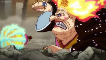 acrobatics angry animated attack beard black_hair charlotte_linlin devil_fruit_power epic facial_hair fiery_hair fighting giant giantess grin holding holding_sword holding_weapon injury japanese_clothes jumping kimono lipstick looking_at_another makeup medium_hair old old_woman one_piece pectorals pink_hair serious short_hair smile standing sword tagme toei_company trafalgar_law video weapon