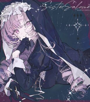 1girl black_gloves black_veil commentary_request drill_hair gloves half_gloves hyakumantenbara_salome hyakumantenbara_salome_(4th_costume) juliet_sleeves long_hair long_sleeves looking_at_viewer lying nijisanji nun official_alternate_costume on_stomach puffy_sleeves purple_eyes purple_hair sleeve_cuffs smile solo soriya upper_body veil virtual_youtuber