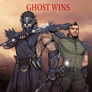 2boys absurdres alternate_universe arm_behind_back artist_name bandaged_hand bandages belt black_belt black_gloves black_hair black_pants call_of_duty call_of_duty:_modern_warfare_2 closed_mouth english_text facial_hair fingerless_gloves ghost_(modern_warfare_2) gloves green_shirt highres holding holding_weapon male_focus mask mortal_kombat_(series) multiple_boys muscular muscular_male pants shirt short_hair skull_mask soap_(modern_warfare_2) tazahan weapon