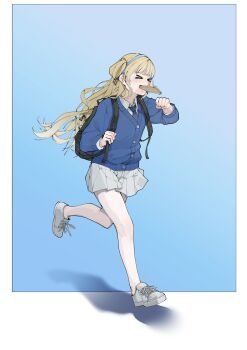 &gt;_&lt; 1girl absurdres backpack bag black_bag blonde_hair blue_background blue_cardigan blue_necktie border bread bread_slice cardigan collared_shirt commentary food food_in_mouth full_body highres long_hair long_sleeves mouth_hold necktie pantyhose phoebe_(wuthering_waves) rockkk123 running shirt shoes skirt solo toast toast_in_mouth white_border white_pantyhose white_shoes white_skirt wuthering_waves