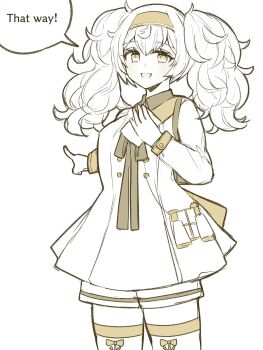 Rule 34 | 1girl, binoculars, breasts, commentary request, dress, english text, gambier bay (kancolle), gambier bay (sasebo) (kancolle), hair between eyes, hairband, highres, holding, kantai collection, long hair, long sleeves, looking at viewer, nagi kantai114, open mouth, pointing, shorts, simple background, solo, speech bubble, thighhighs, twintails, yellow theme