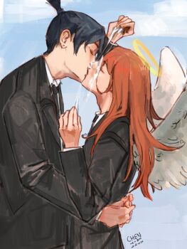 2boys absurdres androgynous angel_devil_(chainsaw_man) angel_wings artist_name black_hair chainsaw_man chensaiy closed_eyes halo hayakawa_aki highres hug indirect_kiss kiss long_hair multiple_boys orange_hair plastic_wrap short_hair sky topknot upper_body wings yaoi