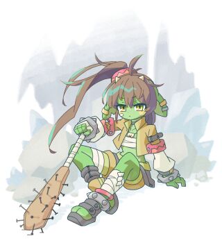 1girl antenna_hair armband bandage_on_face bandages baseball_bat belt blush chest_binder chest_sarashi choker club club_(weapon) collarbone collared_vest colored_skin commentary_request cropped_vest earrings feet female_goblin fewer_digits flat_chest freckles goblin green_skin hair_between_eyes highres holding holding_club holding_weapon horns jewelry large_ears long_hair long_sleeves looking_at_viewer monster_girl nail_(hardware) nail_bat necklace open_clothes open_vest original pointy_ears ponytail san_setu sandals sarashi shorts shorts_under_skirt sitting solo spiked_club tooth_necklace vest weapon yellow_eyes