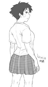 1girl bandage_on_face bandage_on_thigh bandaged_arm bandages black_hair breasts collared_shirt commentary_request cuts dated feet_out_of_frame greyscale injury large_breasts legs looking_at_viewer looking_back makoto_(street_fighter) monochrome nape pleated_skirt scar shirt short_hair signature simple_background skirt standing street_fighter thighs tsukudani_(coke-buta) white_background white_shirt