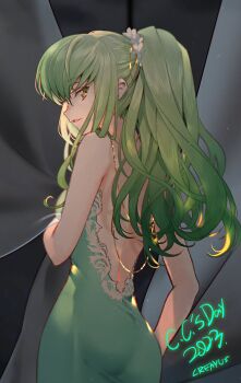 1girl ass breasts c.c. cleavage code_geass creayus dress green_dress green_hair hairband highres long_hair looking_at_viewer medium_breasts night open_mouth sky solo star_(sky) watermark window yellow_eyes