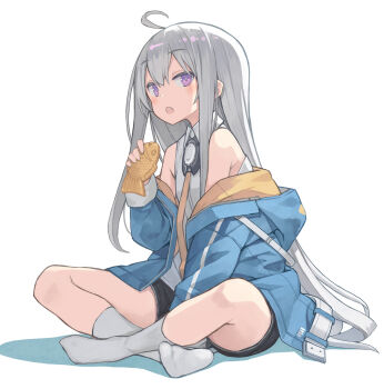 1girl ahoge fang food highres indian_style kneehighs long_hair necktie open_mouth original poco_(asahi_age) purple_eyes short_shorts shorts sitting sleeveless socks solo taiyaki wagashi white_background