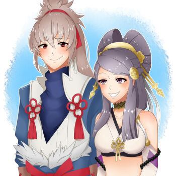 Rule 34 | 1boy, 1girl, arielfan90, blush, choker, comb, fire emblem, fire emblem fates, grey hair, hair ornament, midriff peek, nintendo, older female and younger male, orange eyes, orochi (fire emblem), purple eyes, purple hair, simple background, takumi (fire emblem)