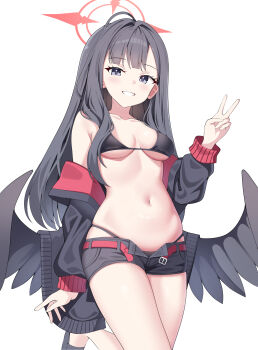 1girl absurdres bare_shoulders belt bikini bikini_under_clothes black_bikini black_eyes black_hair black_jacket black_wings blue_archive blush breasts clothes_pull feathered_wings grin halo hand_up happy highres hip_focus ichika_(blue_archive) jacket jacket_pull long_hair medium_breasts micro_shorts navel open_clothes open_jacket open_shorts purple_eyes red_belt red_halo shorts smile sob_(submar1089) solo standing standing_on_one_leg stomach swimsuit thighs v very_long_hair wings