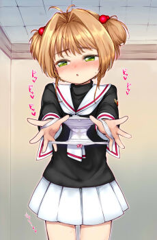 1girl ajitarou_(setsu) blush brown_hair cardcaptor_sakura commentary_request green_eyes highres holding holding_panties holding_underwear holding_unworn_clothes kinomoto_sakura loli paid_reward_available panties school_uniform skirt solo tomoeda_elementary_school_uniform underwear variant_set white_panties white_skirt