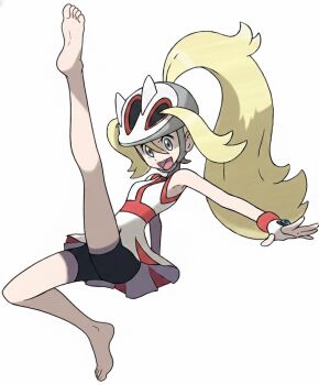 1girl ai-assisted bare_legs barefoot blonde_hair feet fingerless_gloves gloves helmet korrina_(pokemon) mega_stone nintendo official_art pokemon pokemon_xy self-upload simple_background soles third-party_edit toes white_background