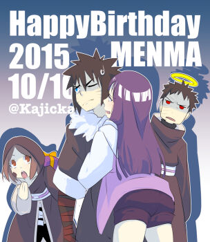 2boys 2girls alternate_costume black_hair halo highres hug hyuuga_hinata kajicka multiple_boys multiple_girls naruto:_road_to_ninja naruto_(series) naruto_shippuuden nohara_rin one_eye_closed purple_hair spiked_hair sweatdrop uchiha_obito uzumaki_menma