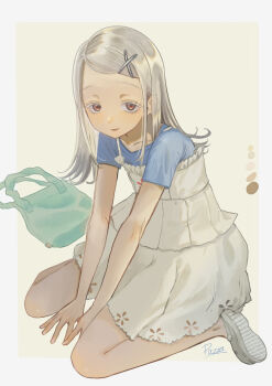 Rule 34 | 1girl, absurdres, blush, dress, flat chest, full body, gakuen idolmaster, grey hair, hair ornament, hairclip, highres, idolmaster, long hair, looking at viewer, orange eyes, parted lips, petarikooo, shinosawa hiro, sitting, smile, solo, v arms, wariza