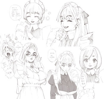 Rule 34 | 4girls, ^ ^, adjusting eyewear, apron, ascot, blush, braid, breasts, brooch, catherine (conto), closed eyes, commentary, conto, curtained hair, dress, earrings, elizabeth (conto), english commentary, english text, expressionless, franchesca (conto), frilled ascot, frills, furrowed brow, glasses, greyscale, grin, hand on eyewear, hand to own mouth, hand up, height difference, highres, jewelry, large breasts, long sleeves, looking at viewer, low twin braids, maid, maid apron, maid headdress, maria (conto), monochrome, multiple girls, multiple views, open mouth, original, own hands together, parted bangs, scared, smile, speech bubble, star (symbol), star earrings, steepled fingers, tall female, thick eyebrows, thought bubble, twin braids