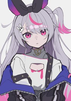 Rule 34 | 1girl, absurdres, animal ear hairband, animal ears, black jacket, colored tips, commentary, earrings, fake animal ears, grey hair, hair ornament, hairband, hashtag-only commentary, highres, jacket, jewelry, long hair, looking at viewer, multicolored hair, open clothes, open jacket, pink eyes, pink hair, rabbit hair ornament, shirt, solo, streaked hair, thick eyebrows, tosaki mimi, tosaki mimi (1st costume), two-tone hair, virtual youtuber, vspo!, white background, white shirt, yoneyotaka