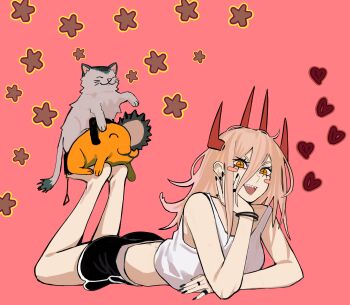 1girl absurdres black_shorts cat chainsaw_man cross-shaped_pupils demon_girl demon_horns dog hand_on_own_face heart highres horns long_hair looking_at_viewer lying meowy_(chainsaw_man) on_stomach orange_hair pochita_(chainsaw_man) power_(chainsaw_man) sailen0 sharp_teeth shirt shorts symbol-shaped_pupils teeth white_shirt