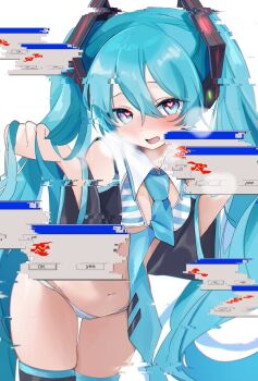 1girl aqua_eyes aqua_hair aqua_necktie bikini black_thighhighs breasts error_message glitch hatsune_miku headset heart heart-shaped_pupils highres long_hair looking_at_viewer microsoft_windows miku_collar_bikini moni_monico navel necktie small_breasts solo striped_bikini striped_clothes swimsuit symbol-shaped_pupils thighhighs twintails very_long_hair vocaloid window_(computing) windows_95 windows_classic
